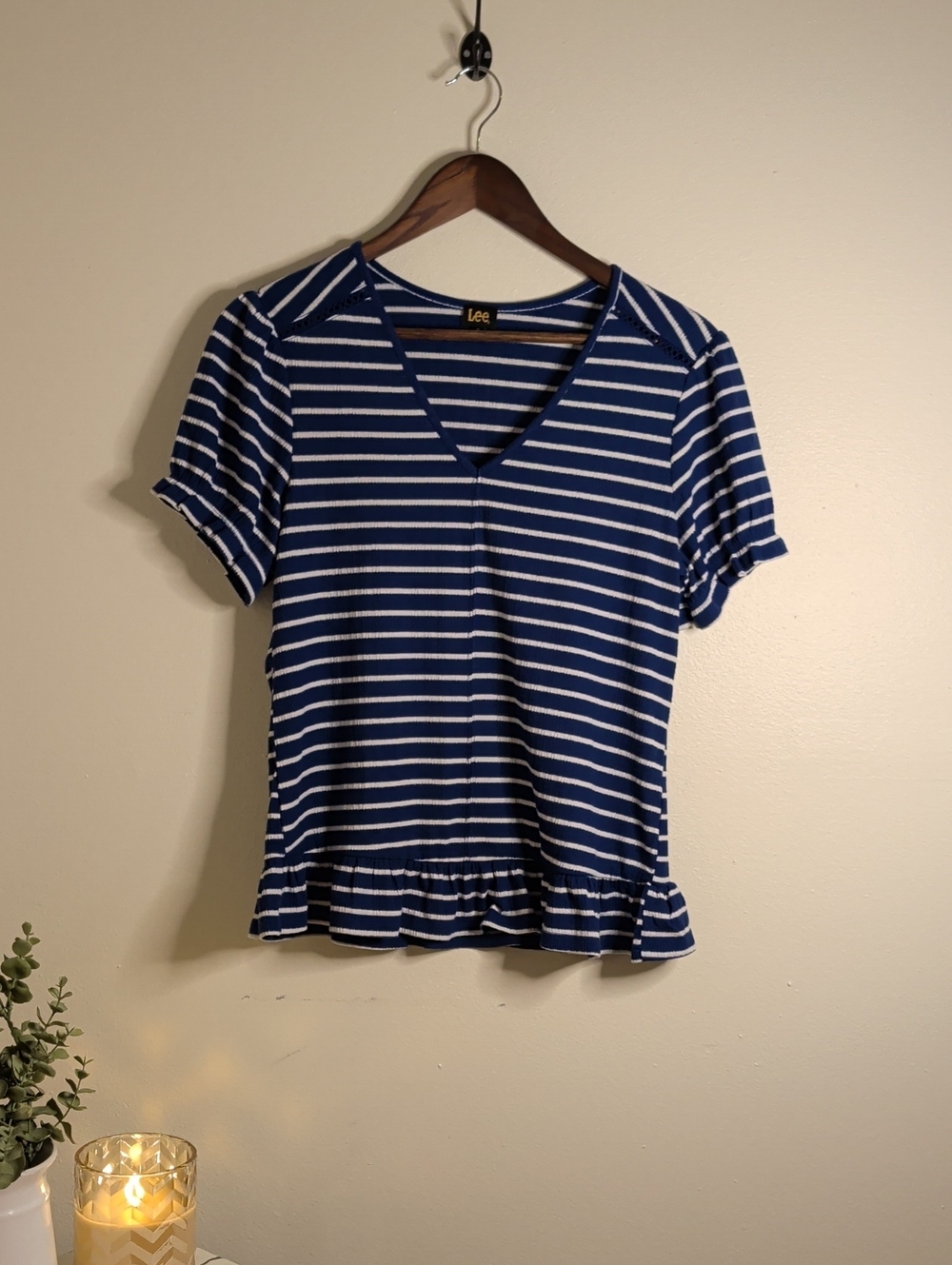 Lee Women's Navy & White Striped V-Neck Ruffle-Hem Tee
